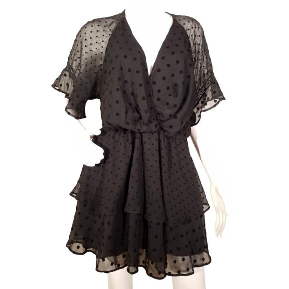 Zara Black Polka Dot Tiered Dress | Size Medium | Sheer V-Neck Overlay - Picture 1 of 4